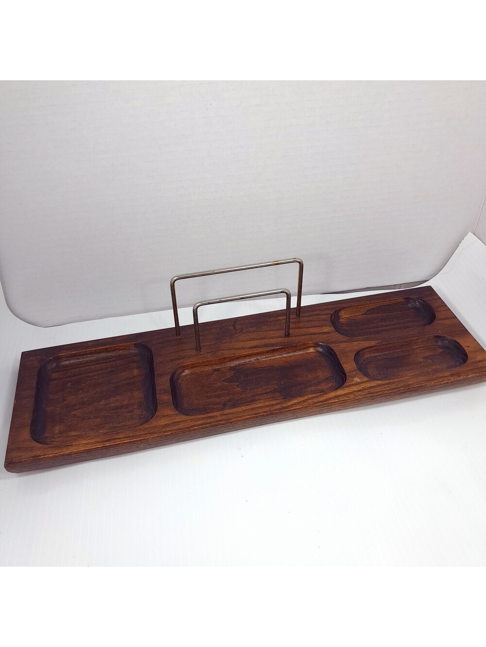 Vintage wood brass rail Desk Organizer Valet Tray office stationary mail paper